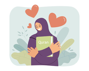 Happy woman hugging Quran book with love. Flat vector illustration. Girl holding tightly in her arms holy book of Muslims. Islam, religion, faith, tradition concept for banner design, landing page