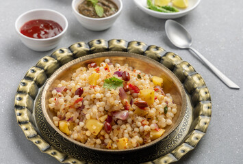 Sabudana khichdi is an Indian dish made from soaked sago or tapioca pearls 