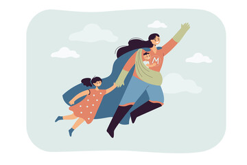 Super Mom flying with kids. Flat vector illustration. Female young superhero carrying happy baby and holding child. Family, motherhood, superhero concept for banner design or landing page