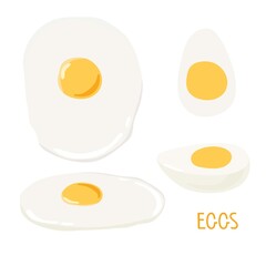 Egg set. Fried and boiled eggs for breakfast. Overhead view and isometry of food. Vector illustration isolated on white. Flat design style for menu, cafe, restaurant, poster, banner, emblem, sticker.