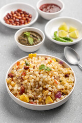 Sabudana khichdi is an Indian dish made from soaked sago or tapioca pearls 
