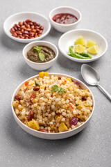 Sabudana khichdi is an Indian dish made from soaked sago or tapioca pearls 