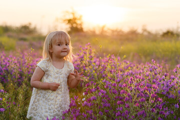 little beautiful girl in nature with flowers
