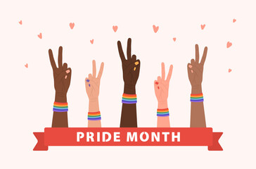 Female hand in peace gesture with rainbow bands. Happy Pride Month concept. Gay parade element. LGBT rights. Vector illustration in flat cartoon style. Social media post, card or banner.