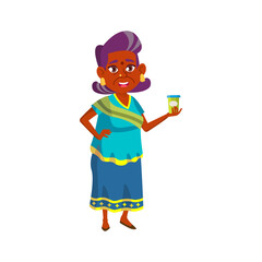 elderly indian woman offering tea cup to friend cartoon vector. elderly indian woman offering tea cup to friend character. isolated flat cartoon illustration