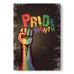 Happy pride month grunge poster with Rised LGBT fist colored in lgbt flag isolated on grey background. LGBT Pride month or pride day vertical poster design template. Fight for your LGBT rights concept