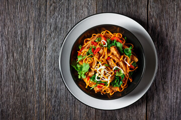 grilled soy meat strips with egg noodle in a bowl