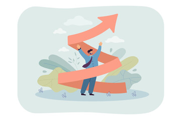 Tiny man with arrow twisted upward. Career increase, inspired business worker flat vector illustration. Education, knowledge, development concept for banner, website design or landing web page