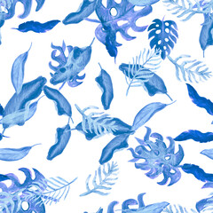 Cobalt Seamless Plant. Indigo Pattern Wallpaper. Navy Watercolor Leaves. Azure Tropical Illustration. Beryl Floral Wallpaper. Blue Summer Monstera. Botanical Textile.