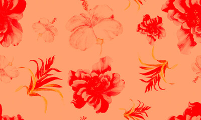 Scarlet Hibiscus Garden. Coral Flower Wallpaper. Pink Seamless Decor. Red Watercolor Decor. Pattern Backdrop. Tropical Design. Exotic Design. Art Illustration.