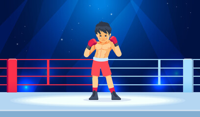 The boy champion boxer enjoys his victory in the ring and raises his gloves after winning. Professional boxing among young guys. Cartoon vector illustration - obrazy, fototapety, plakaty