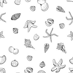 Hand drawn sea shells and starfish  vector seamless pattern. Great solution for printing on fabric, magazines, notebooks, textiles, wallpaper