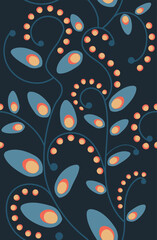 vector seamless pattern with ethnic leafs and ornaments in blue and orange colours