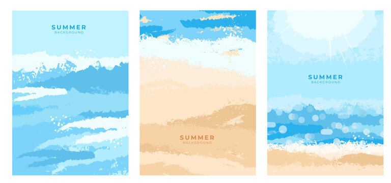 Set of abstract summer backgrounds.Blue ocean texture.Tropical beach.Bokeh light of sky and sea.Summer vacation banner concept.Vector Illustration.Minimal covers design.