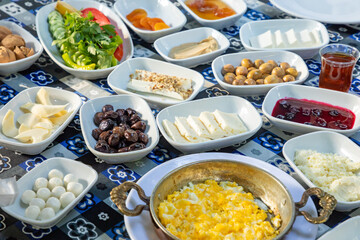 Rich and delicious Turkish breakfast on table