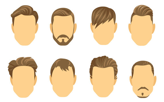 Different hairstyles for men vector illustrations set. Male cartoon faces with various types of short haircuts, facial hair or mustache. Hairdresser, barber, fashion concept
