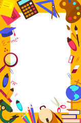 Ad banner Back to school.Sale poster with School Supplies Accessories element.Schooling Stationery tools and place for text on white background.Promotion template.Office stationery.Vector illustration