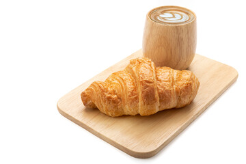 Golden brown french croissant and late coffee isolated on white background.