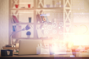 Double exposure of data theme drawing and office interior background. Concept of technology.