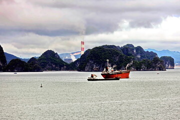 Various panoramic views of the port, roadstead, and coastline of the Halong bay, Port of Campha,...