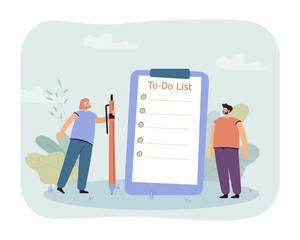 Young couple making to-do list. Tiny cartoon characters with pencil and clipboard flat vector illustration. Time management, productivity concept for banner, website design or landing web page