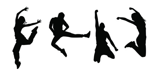 Black and white silhouette happy people jump. Concept design cover flyer poster leaflet banner label sport fitness club. Vector cartoon illustration