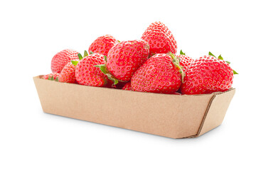 Handful of strawberries in a cardboard basket, strawberry isolate