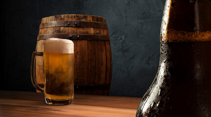 Oktoberfest beer barrel and beer glasses with wheat and hops on wooden table