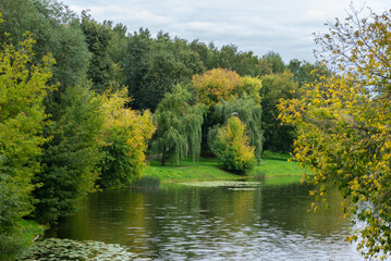 Serene autumn landscape - a pond with trees with leaves starting to turn yellow on the shore