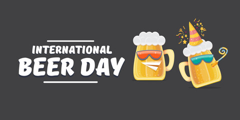 Happy international beer day horizonatal banner with cartoon funny beer glass friends characters with sunglasses isolated on grey background. International beer day cartoon comic poster