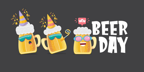 Happy international beer day horizonatal banner with cartoon funny beer glass friends characters with sunglasses isolated on grey background. International beer day cartoon comic poster