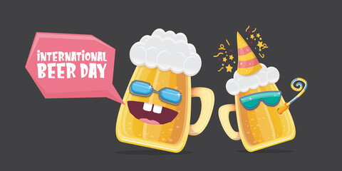 Happy international beer day horizonatal banner with cartoon funny beer glass friends characters with sunglasses isolated on grey background. International beer day cartoon comic poster