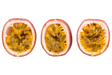 Fresh passion fruit halves on white background.
