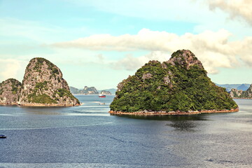 Various panoramic views of the port, roadstead, and coastline of the Halong bay, Port of Campha,...
