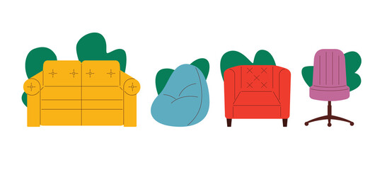 Colored vector illustration in flat style. Furniture set isolated on white background. Seating furniture collection, sofa, armchair, computer chair