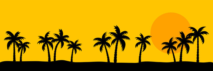 Fototapeta na wymiar Summer sunset with palms silhouette, banner background.