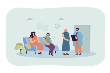 Pregnant women waiting in line at hospital or clinic. Doctor talking to female about health of baby flat vector illustration. Pregnancy, motherhood concept for banner, website design or landing page