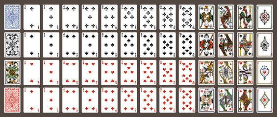 Poker set with isolated cards. Poker playing cards, full deck.
