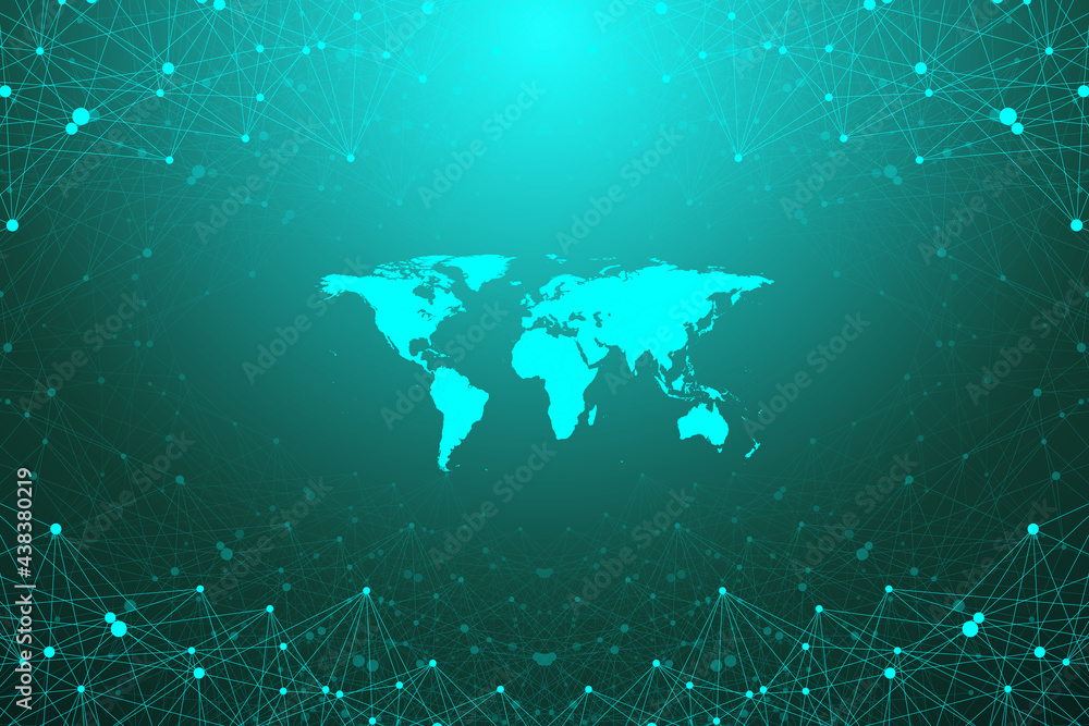 Poster World map with global technology networking concept. Digital data visualization. Lines plexus. Big Data background communication. Scientific illustration.