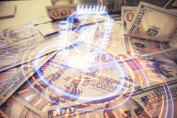 Obraz premium Double exposure of data theme drawing over us dollars bill background. Technology concept.