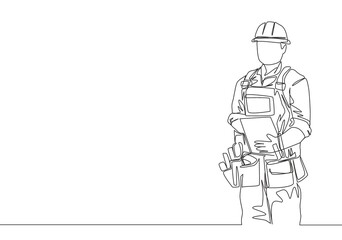 One continuous line drawing of young workman wear building construction uniform with helmet and tools belt. Handyman house renovation service concept. Single line draw design illustration