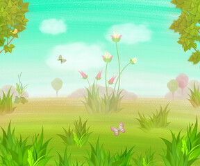 Obraz premium A fabulous garden with magical flowers, birds, trees in green and pink tones. Digital illustration