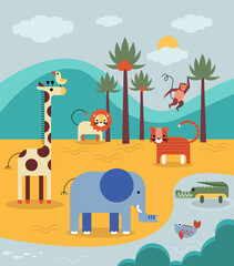 Animaux sauvages avec paysage - illustration vectorielle de dessin animé mignon de crocodile, éléphant, girafe, tigre, zèbre, singe, lion, singe, poisson, cacatoès. Illustration vectorielle.