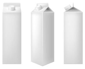 Blank white carton box for juice or milk in three projections isolated on white background. Vector illustration.