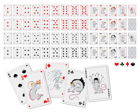 Playing cards with scary creepy rats characters. Set of template. Printable. Poker mouse kit sample. For game. Vector illustration.