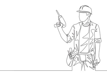 One single line drawing of young handyman wearing uniform while holding drill machine. Repairman construction maintenance service concept. Continuous line draw design illustration - obrazy, fototapety, plakaty