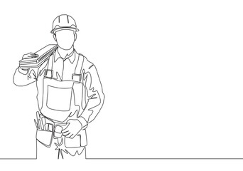 Single continuous line drawing of young handsome lumberjack on uniform carrying stack of wooden boards. Building construction service concept one line draw design illustration - obrazy, fototapety, plakaty
