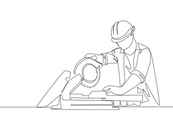 Single continuous line drawing of young attractive woodworker cutting wooden board using circular saw. Home renovation service concept one line draw design illustration - obrazy, fototapety, plakaty