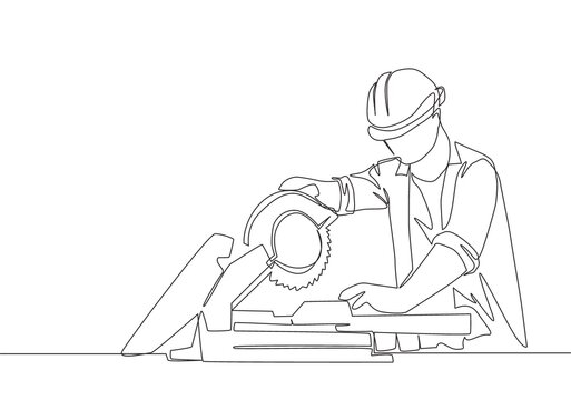 Single continuous line drawing of young attractive woodworker cutting wooden board using circular saw. Home renovation service concept one line draw design illustration