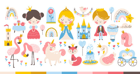 Fototapeta na wymiar Princess rainbow set with animals and birds, unicorn, flamingo, swan. Castle, carriage. Cute girl and boy characters. Vector illustration in a cartoon hand-drawn Scandinavian style in a pastel palette